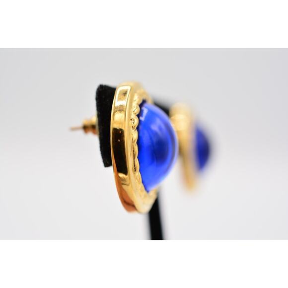 Givenchy Vintage Blue Cabochon Earrings Royal Round Gold Chunky Signed 80s Bin4 - Picture 8 of 12